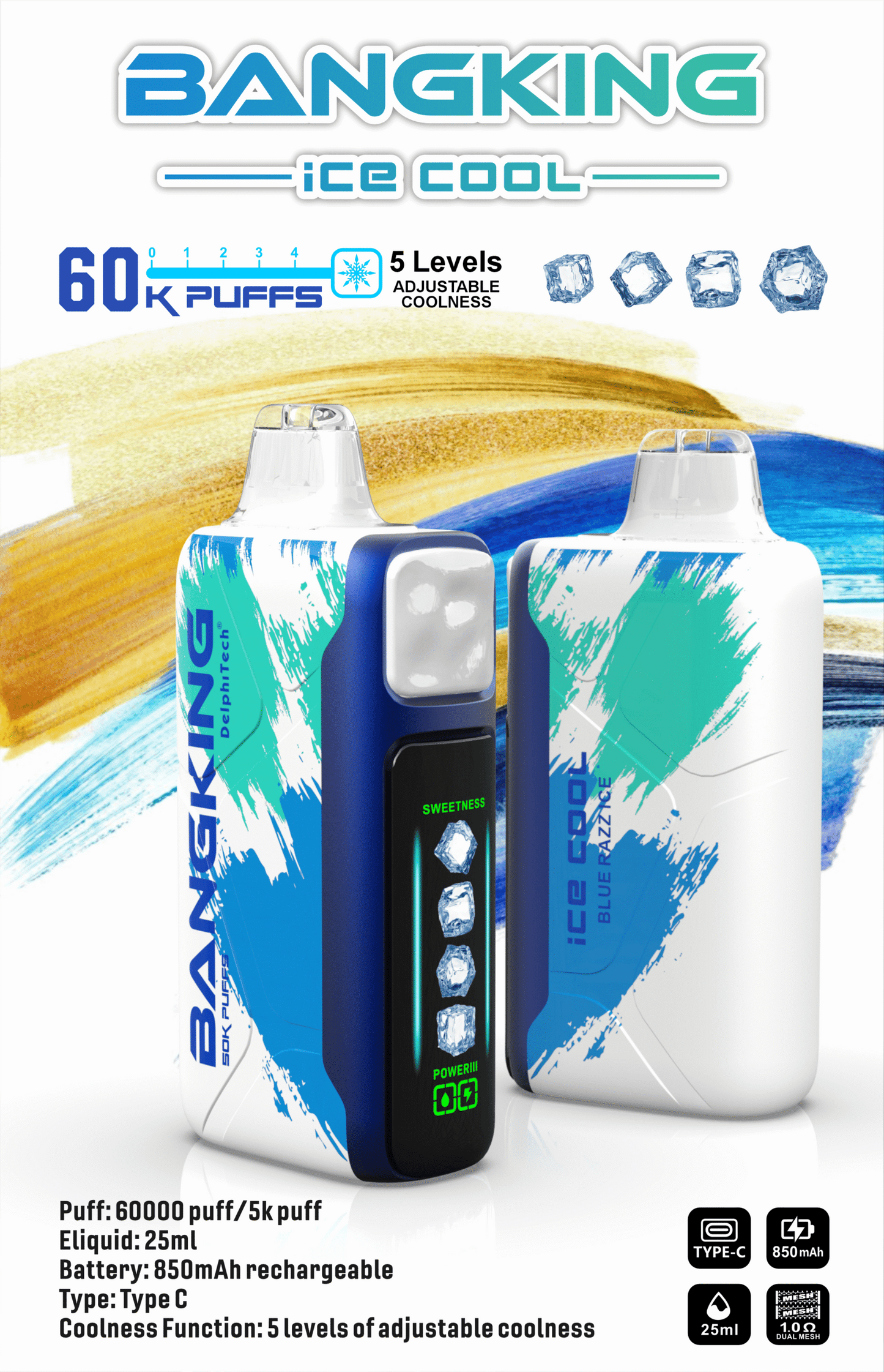 【Bang King  Ice Cool 60000口拋棄式】爆款上新/一次性超大容量5級可調涼度可充電電子煙/派對解癮神器-VAKA糖果雲煙館